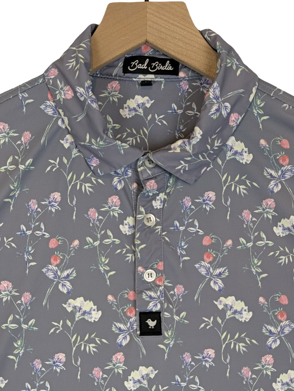 Bad Birdie Golf Polo Men's Medium Floral Strawberry AOP Gray Performance Shirt
